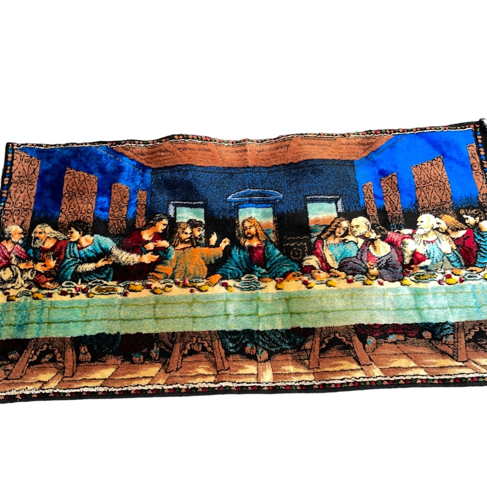 Vintage LAST SUPPER Velvet Tapestry 38” x 20”Rug Wall Hanging Religious Decor